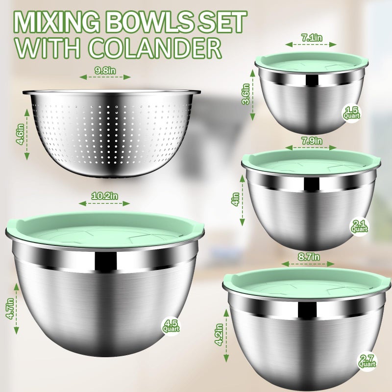 DUTZUN Mixing Bowls with Lids Set, Stainless Steel Mixing Bowl Set with Colander, Strainer with Bowls - Pistachio - Image 2