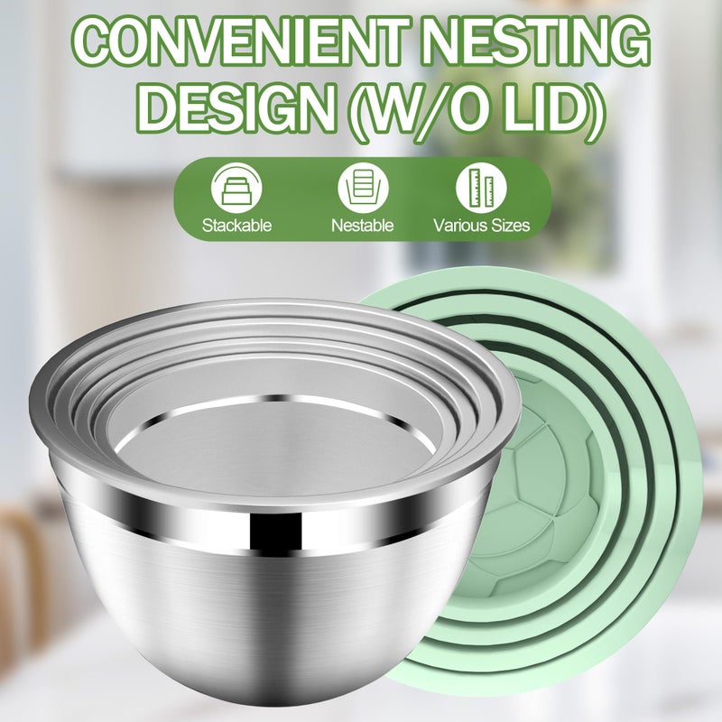 DUTZUN Mixing Bowls with Lids Set, Stainless Steel Mixing Bowl Set with Colander, Strainer with Bowls - Pistachio - Image 5