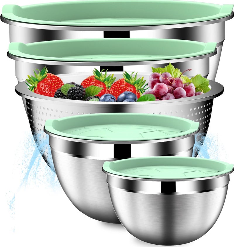 DUTZUN Mixing Bowls with Lids Set, Stainless Steel Mixing Bowl Set with Colander, Strainer with Bowls - Pistachio - Image 1