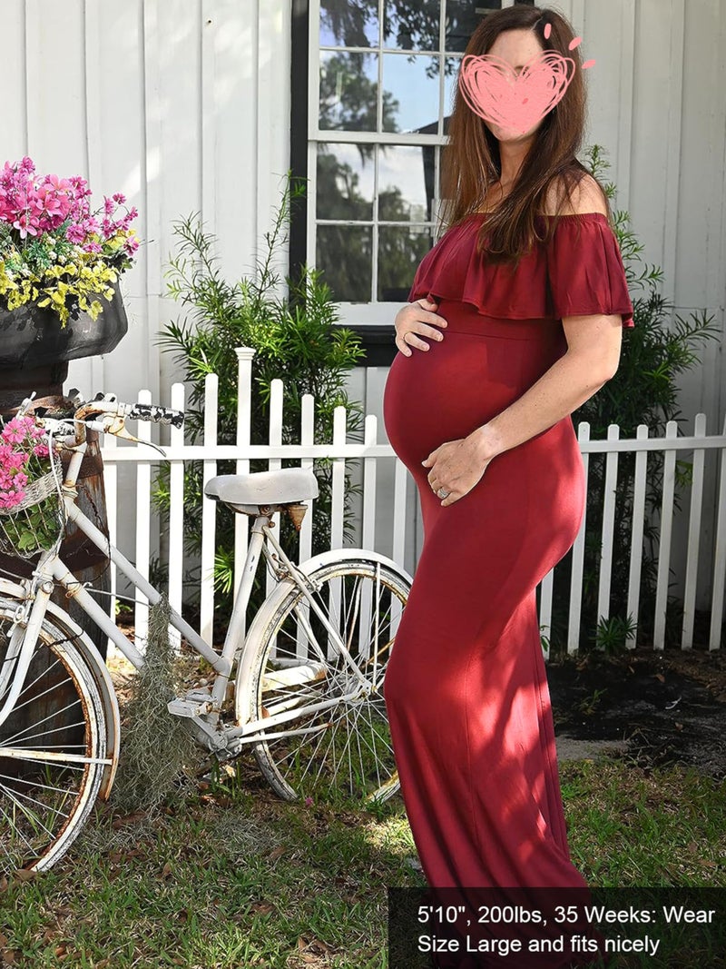 Glampunch Womens Off Shoulder Maternity Dress Ruffles Elegant Slim Gowns Fit Maxi Photography Dress Burgundy - Image 3