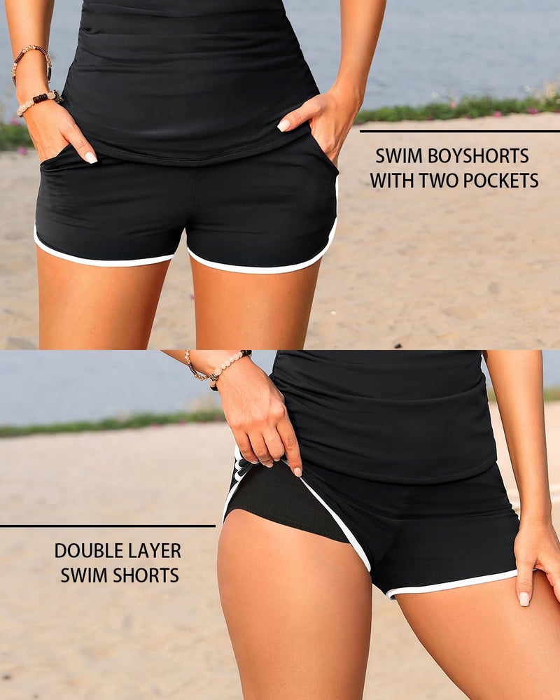 Yonique Women Tankini Swimsuit with Shorts - Two Piece Tummy Control Bathing Suit with Pockets 2025 Swimwear Black and White L - Image 4
