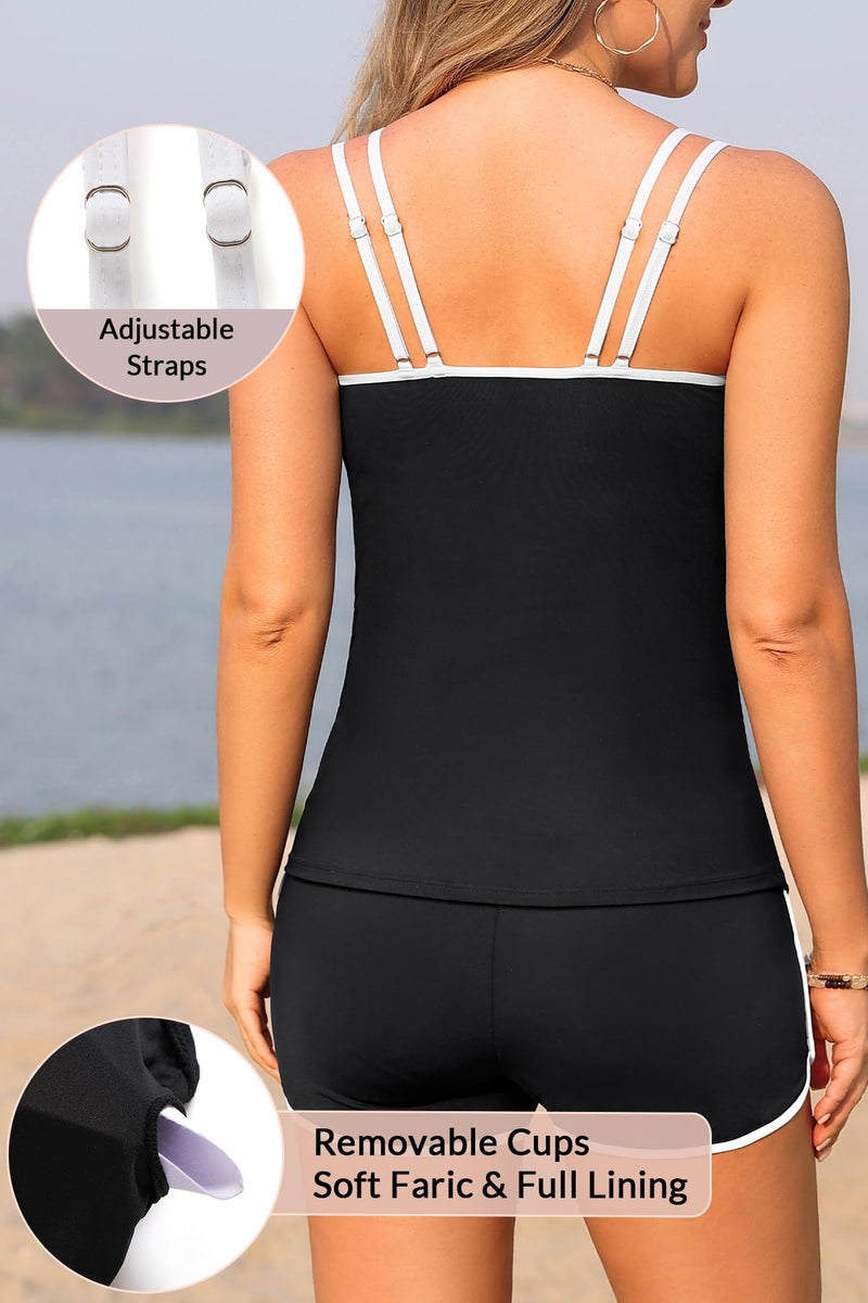 Yonique Women Tankini Swimsuit with Shorts - Two Piece Tummy Control Bathing Suit with Pockets 2025 Swimwear Black and White L - Image 3