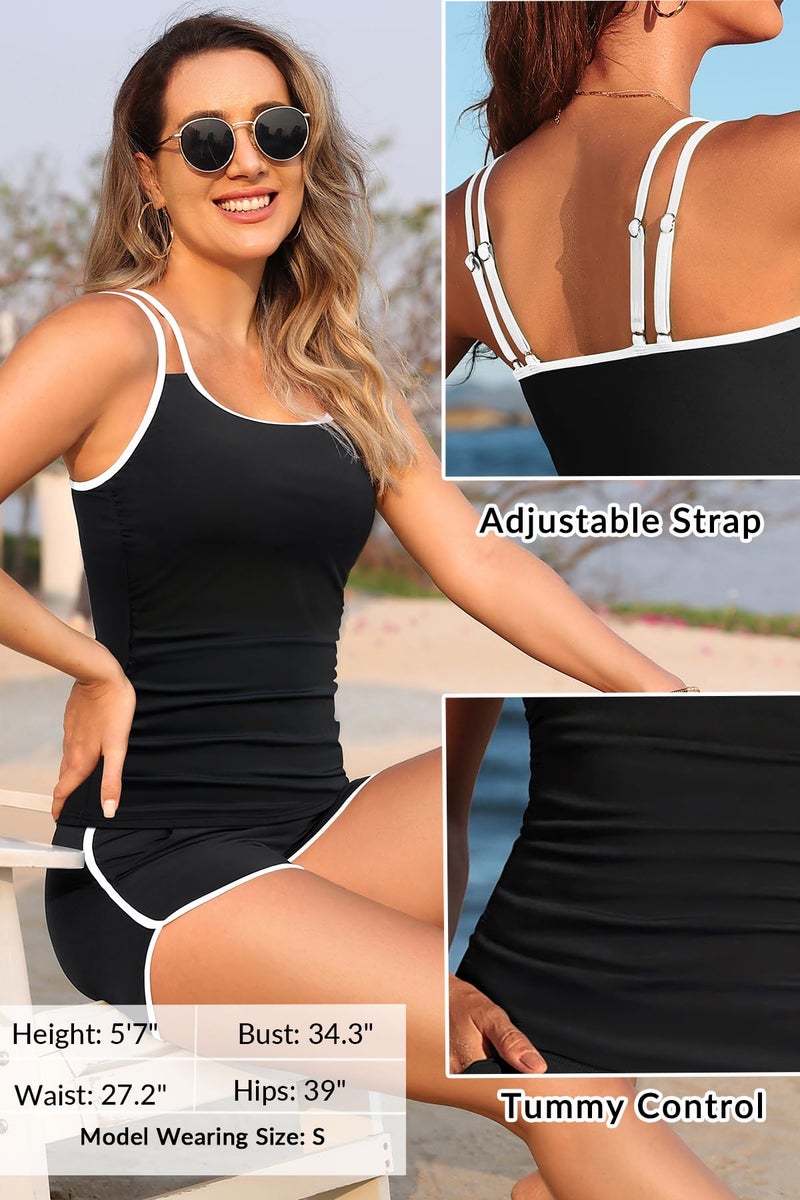 Yonique Women Tankini Swimsuit with Shorts - Two Piece Tummy Control Bathing Suit with Pockets 2025 Swimwear Black and White L - Image 5