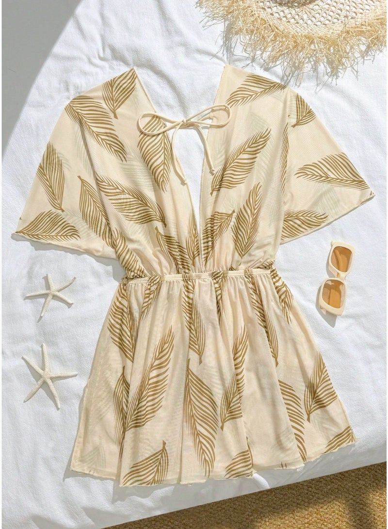 SHEIN Swim Lushore 1pc Women Leaf Print Mesh Cover-Up, Casual For Home, Beach, Pool, Vacation, Spring/Summer - Image 3