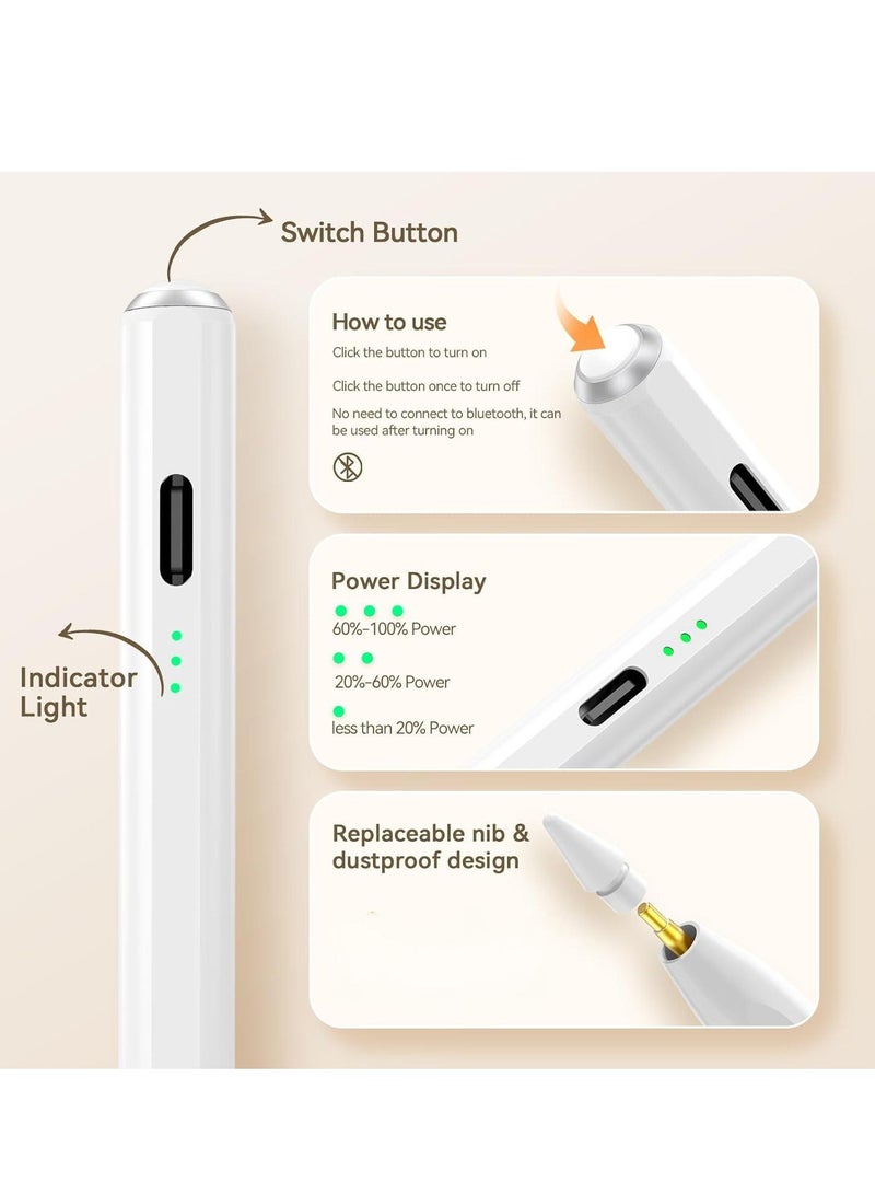 iPad Touchpen -13 Minute Fast Charging, With Tilt Sensitivity and Palm Misoperation Function, Suitable for iPad 11/10/9/8/7/6 Generation, Air 7/6/5/4/3/M3/M2, Pro 13 /12.9/11 /M4, Mini 7/6/5th, White - Image 2