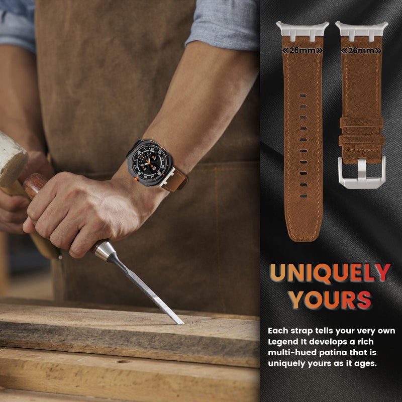 erorex For Samsung Galaxy Watch Ultra 47Mm / Ultra 2025 Crazy Horse Leather Watch Band(Black+Titanium) - Image 3