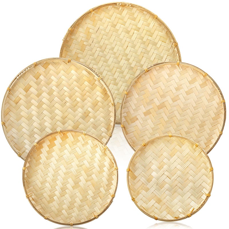 Goaste 5 Pack Round Bamboo Serving Trays Decorative Flat Wicker Baskets Handwoven Shallow Wicker Organizers for Food Storage Fruit Snacks Kids DIY Drawing Wall Hanging Decoration