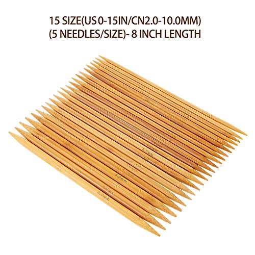 RELIAN Double Pointed , 75 Pcs Bamboo Knitting Needles Set, 15 Sizes from 2.0mm-10.0mm(8 Inches Length)+ 4Pcs Knitting Needles Point Protectors - Image 3