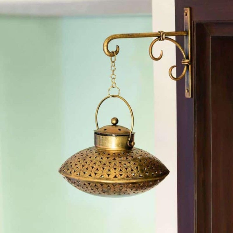 Miracle Craft Iron Degchi Dhoop Holder and Tea Light Holder for Home and Pooja Room Decor with Wall Hanging Stand and Brass Bells 8L x 8B x H inches Antique Golden Brown