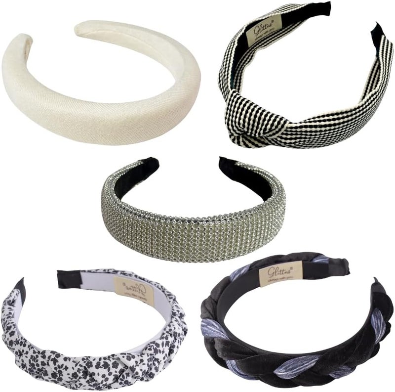 Glitters مجموعة أربطة رأس فاخرة بلون موحد - 5 أربطة رأس من قماش فاخر مع زينة من الكريستال واللؤلؤ - Image 1