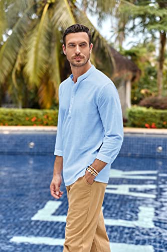 Karlywindow Mens Linen Henley Shirts Long Sleeve Hippie Yoga Summer Beach Casual Henleys T-Shirt Blue - Image 3