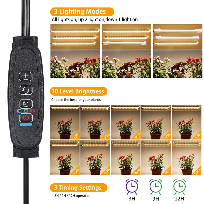 RWNTAO LED Grow Light Strips, Grow Lights for Indoor Plants Full Spectrum 3000K, Plant Light Bar with 3/9/12H Timer, 10 Dimmable Levels for Seedling Succulent,Best Match for Plant Shelf(3 HeadÃ—2 Pack) - Image 3