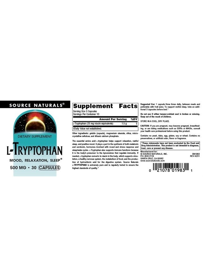 Source Naturals L-Tryptophan, for Mood, Relaxation, and Sleep*, 500mg - 30 Capsules - Image 4