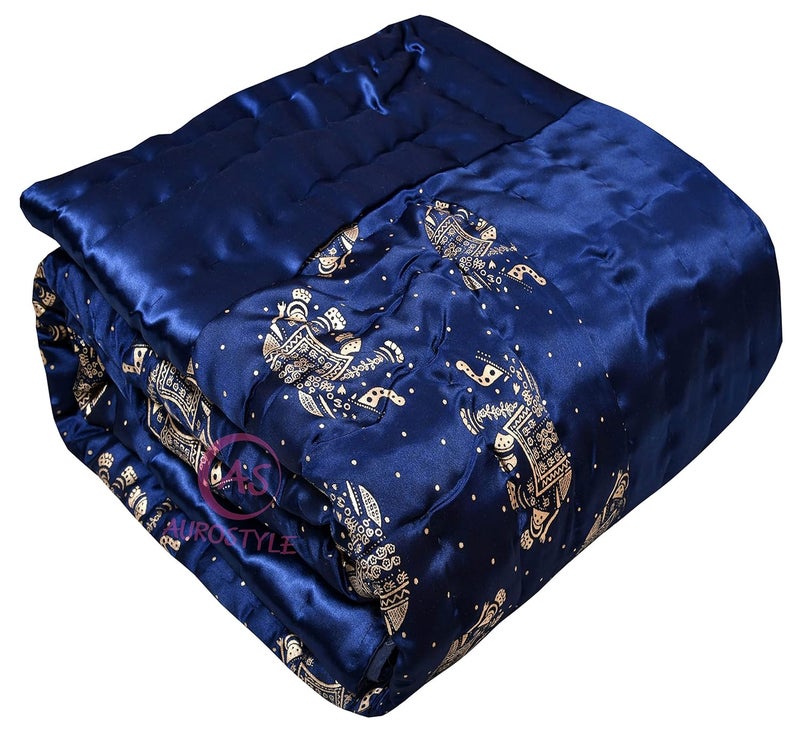 WORLDNEX Cotton Filled Light Weight Silk Jaipuri AC QuiltRazai Over All Over Printed with Gold Print Jaipuri QuiltsRazai 85x100 InchBlue Elephant Print Double Bed - Image 4