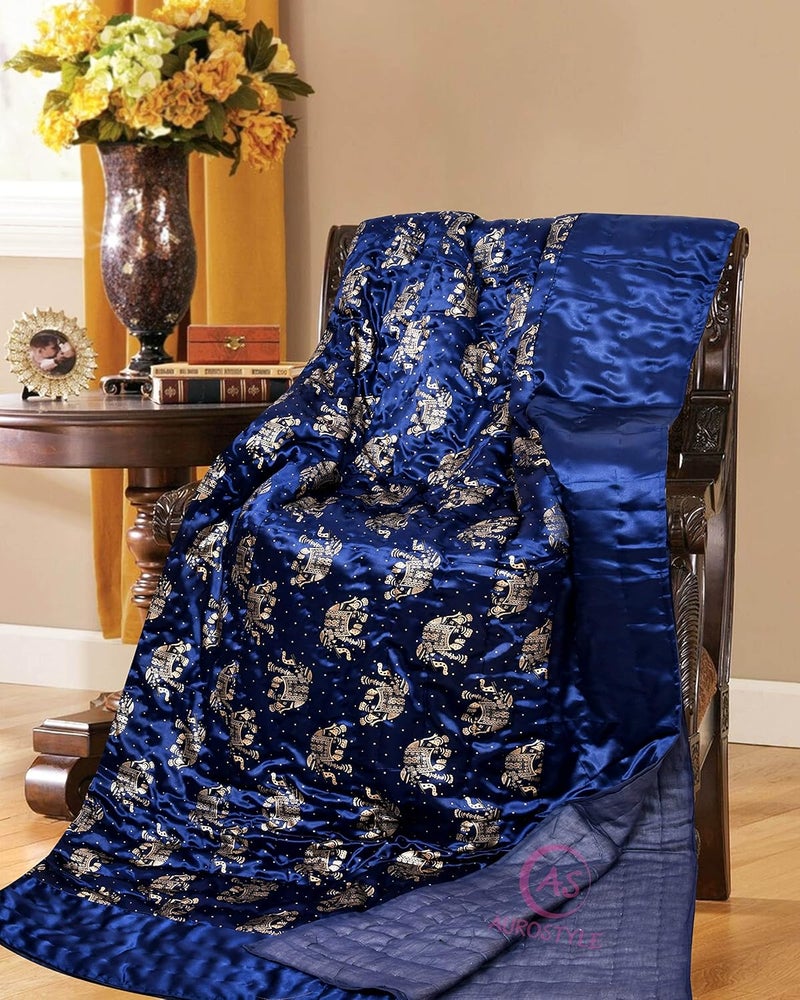 WORLDNEX Cotton Filled Light Weight Silk Jaipuri AC QuiltRazai Over All Over Printed with Gold Print Jaipuri QuiltsRazai 85x100 InchBlue Elephant Print Double Bed - Image 5