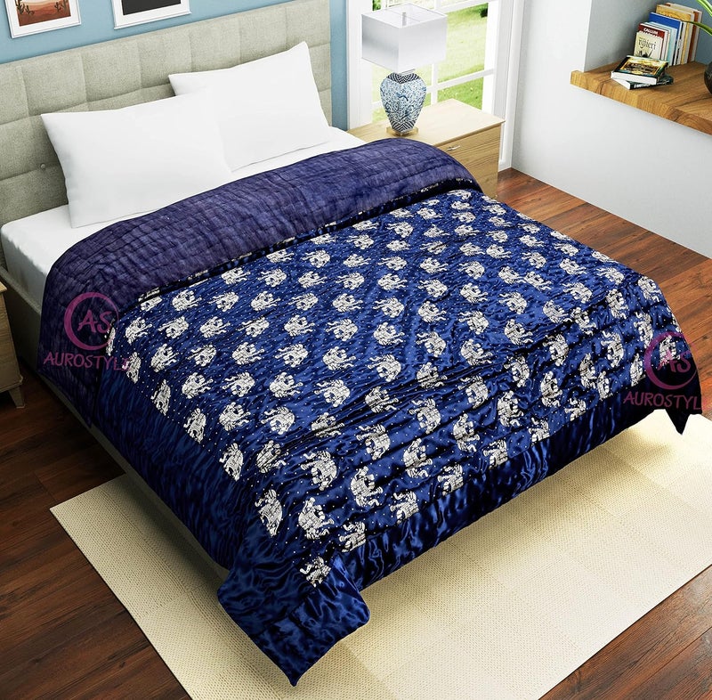 WORLDNEX Cotton Filled Light Weight Silk Jaipuri AC QuiltRazai Over All Over Printed with Gold Print Jaipuri QuiltsRazai 85x100 InchBlue Elephant Print Double Bed - Image 2