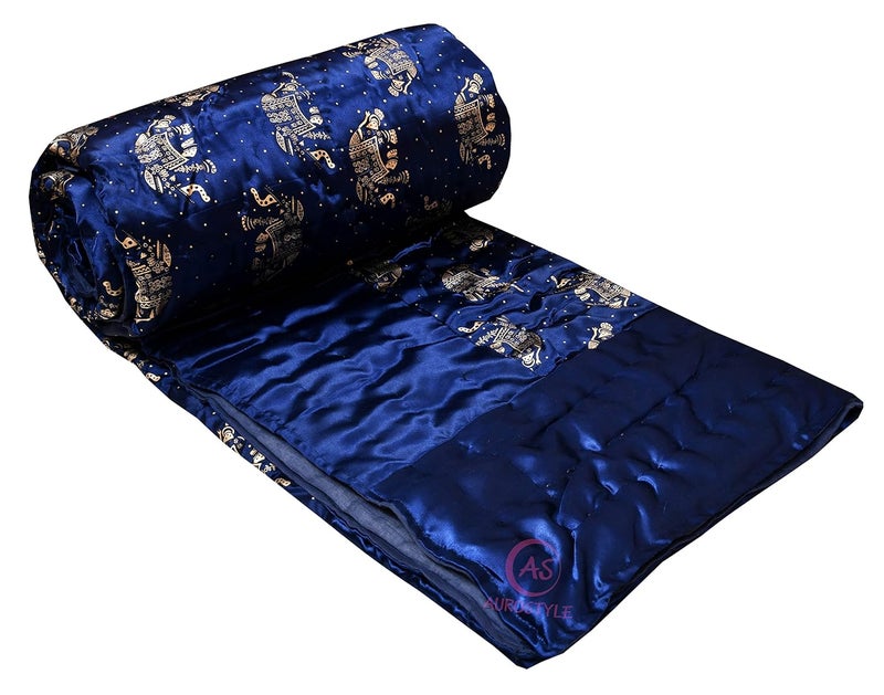 WORLDNEX Cotton Filled Light Weight Silk Jaipuri AC QuiltRazai Over All Over Printed with Gold Print Jaipuri QuiltsRazai 85x100 InchBlue Elephant Print Double Bed - Image 1