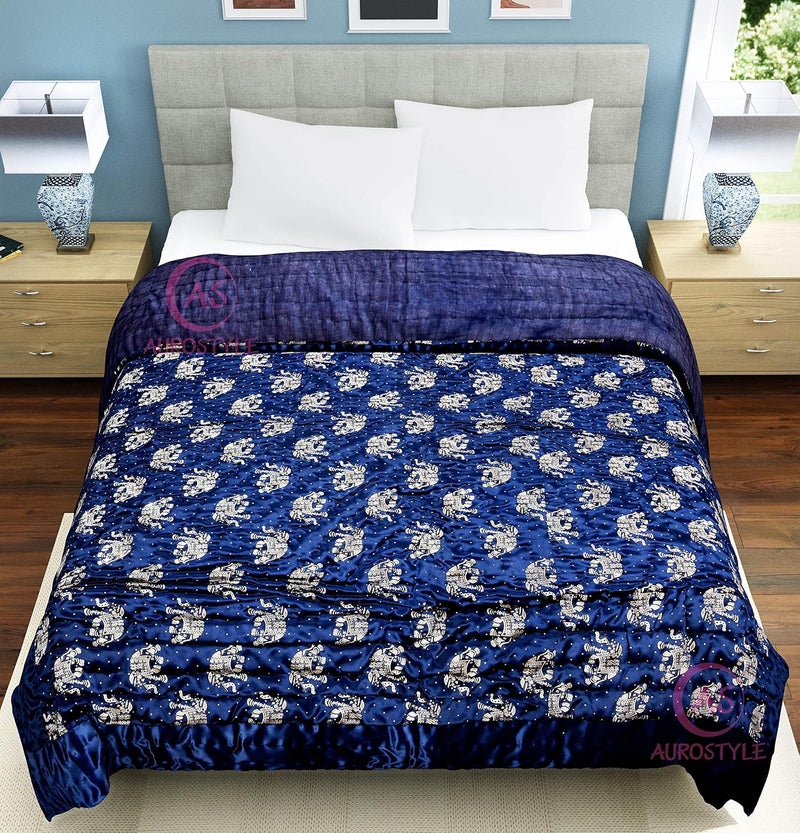 WORLDNEX Cotton Filled Light Weight Silk Jaipuri AC QuiltRazai Over All Over Printed with Gold Print Jaipuri QuiltsRazai 85x100 InchBlue Elephant Print Double Bed - Image 3