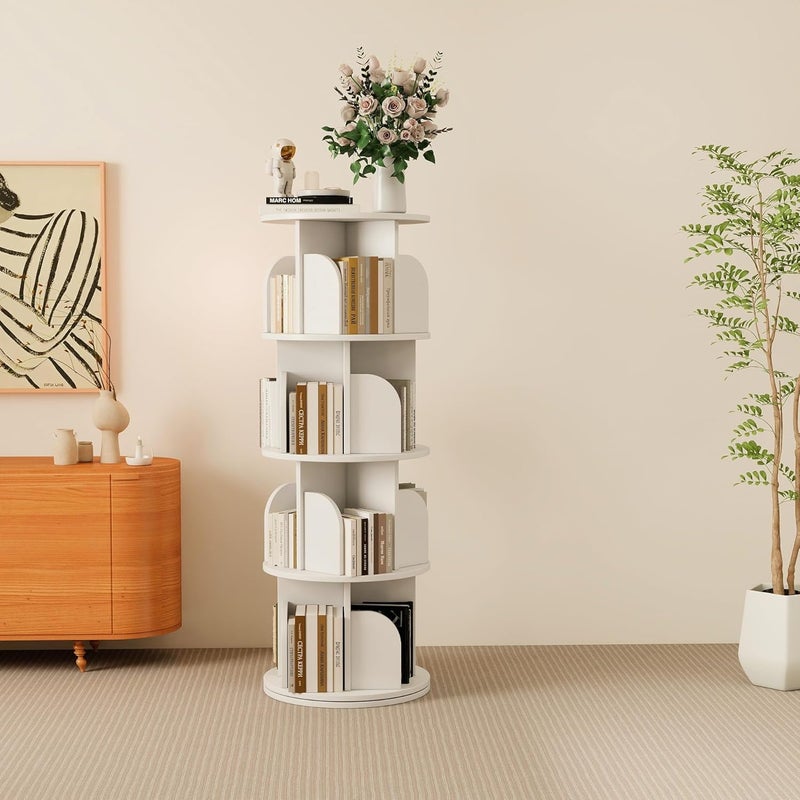 JANTENS Round Rotating Bookshelf,360° Spinning Bookcase Organizer,4 Shelves Corner Standing Display Rack for Home Office, Tall Narrow Bookcase for Small Spaces, Bedroom, Kids Room (White, 126 * 46 * 46cm) - Image 1
