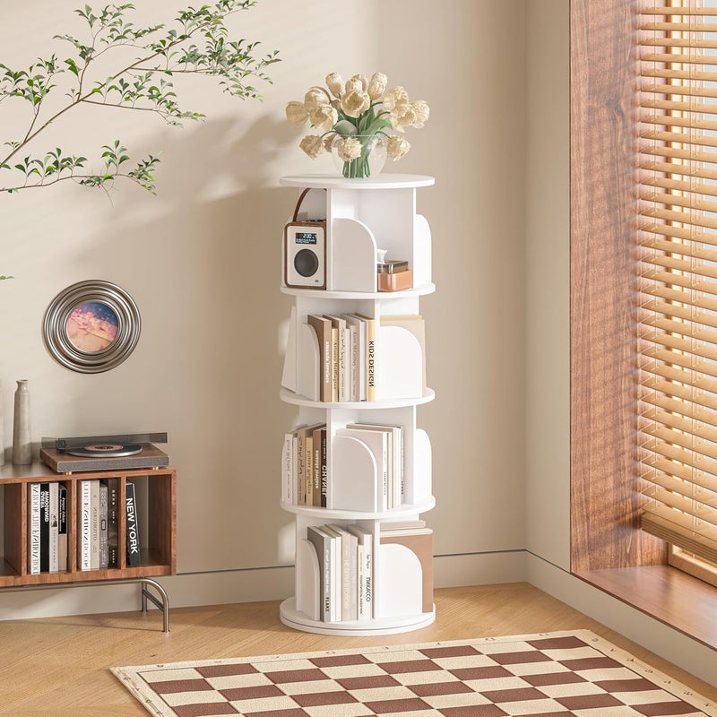 JANTENS Round Rotating Bookshelf,360° Spinning Bookcase Organizer,4 Shelves Corner Standing Display Rack for Home Office, Tall Narrow Bookcase for Small Spaces, Bedroom, Kids Room (White, 126 * 46 * 46cm) - Image 5