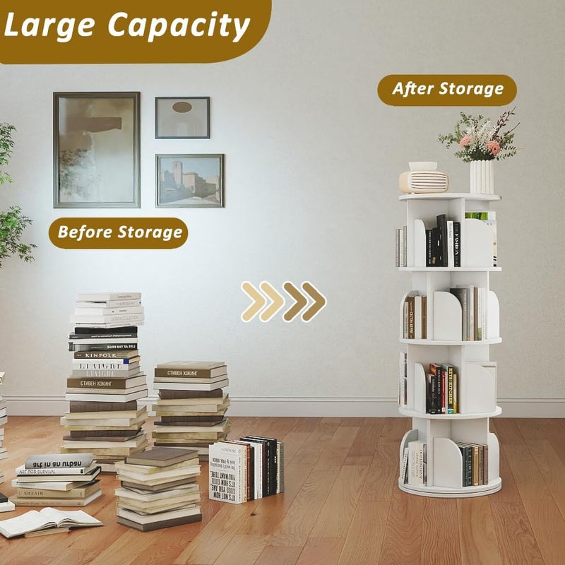 JANTENS Round Rotating Bookshelf,360° Spinning Bookcase Organizer,4 Shelves Corner Standing Display Rack for Home Office, Tall Narrow Bookcase for Small Spaces, Bedroom, Kids Room (White, 126 * 46 * 46cm) - Image 3