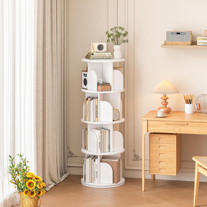 JANTENS Round Rotating Bookshelf,360° Spinning Bookcase Organizer,4 Shelves Corner Standing Display Rack for Home Office, Tall Narrow Bookcase for Small Spaces, Bedroom, Kids Room (White, 126 * 46 * 46cm) - Image 4