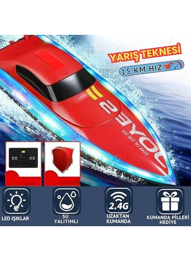 RC Racing Boat with 2.4G Remote Control, Dual Motor, 15km/h Speed, LED Lights - Red, 32cm - Image 3