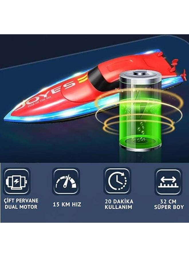 RC Racing Boat with 2.4G Remote Control, Dual Motor, 15km/h Speed, LED Lights - Red, 32cm - Image 2