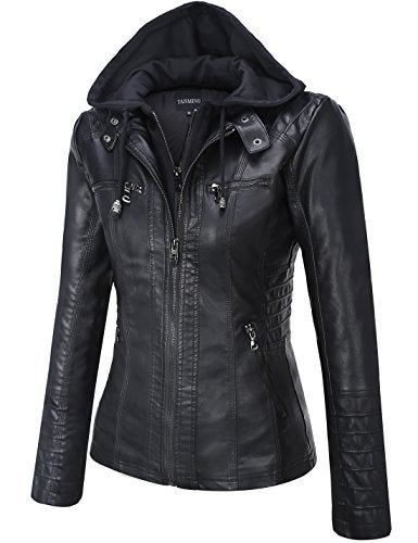 Tanming Womens Faux Leather Jacket Hooded Moto Biker Coat Outerwear Fall Fashion Outfits Winter Clothes - Image 4
