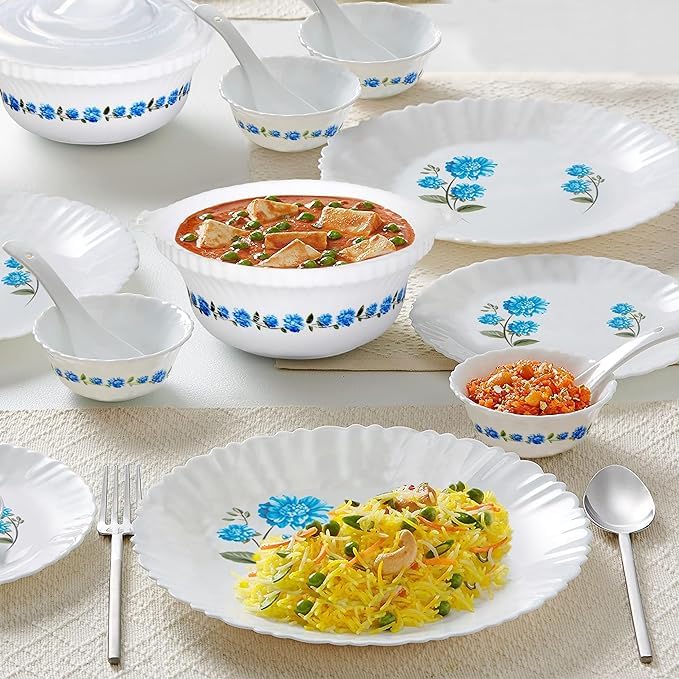 Anasis Blue Eve Silk Series Opalware Dinner Set 35 Pieces for Family of 6 Microwave Dishwasher Safe BoneAsh Free Crockery Set for Dining Gifting Plates Bowls White - Image 3