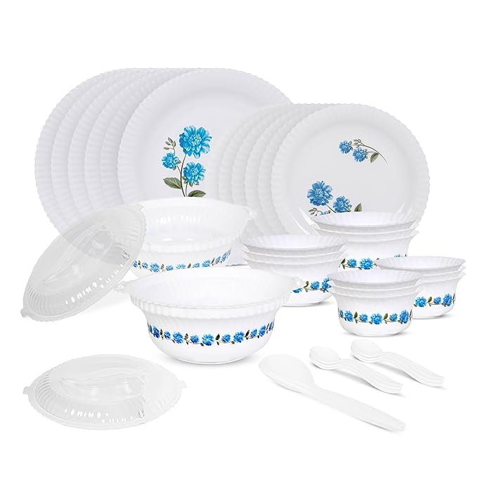 Anasis Blue Eve Silk Series Opalware Dinner Set 35 Pieces for Family of 6 Microwave Dishwasher Safe BoneAsh Free Crockery Set for Dining Gifting Plates Bowls White - Image 1