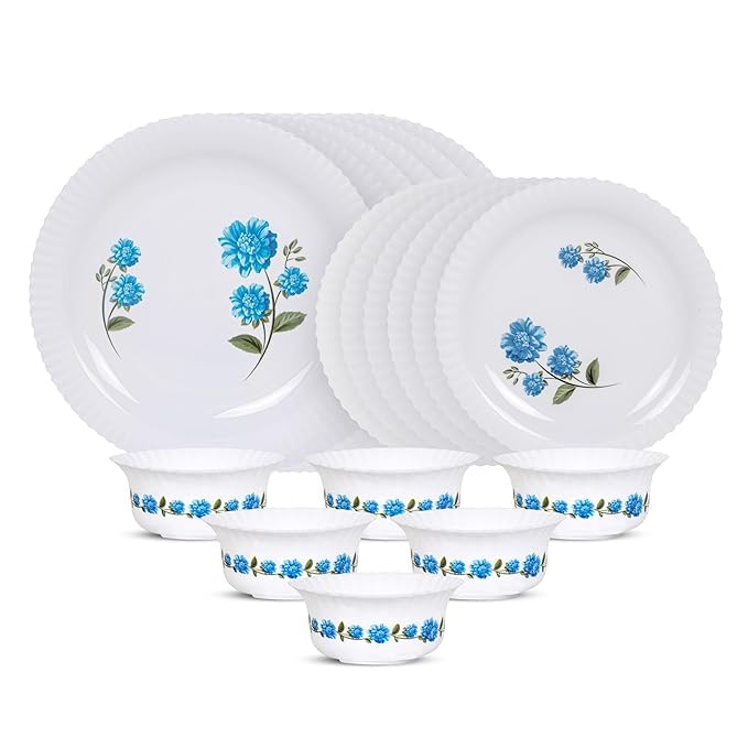 Anasis Blue Eve Silk Series Opalware Dinner Set 35 Pieces for Family of 6 Microwave Dishwasher Safe BoneAsh Free Crockery Set for Dining Gifting Plates Bowls White - Image 2
