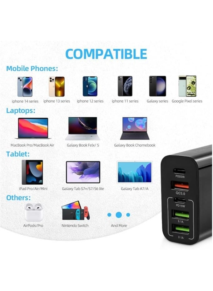 5-Port 65W USB Fast Charger Plug PD Power Adapter, Multi USB Plug UK Type C Charging Plug Compatible for iPhone 15/14 Pro Max and AirPods, iPad,Samsung S24/23 Ultra-Black - Image 4