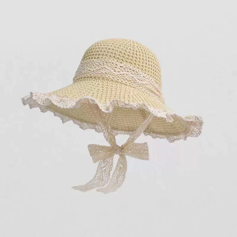 New French Flat Top Hat for Women - Large Size Beach Holiday Sun Hat with Wide Brim