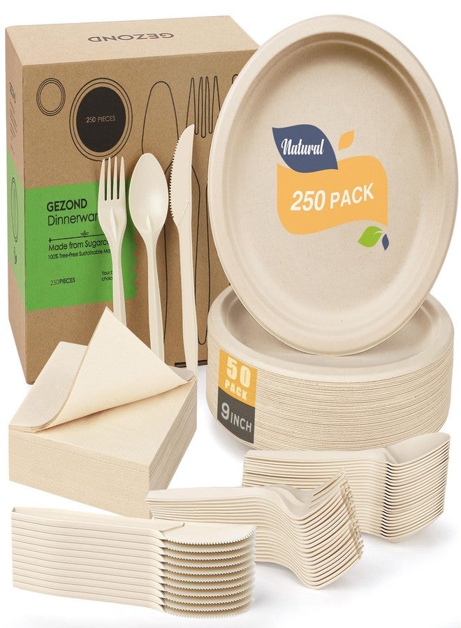 Gezond 250pcs Disposable Paper Plates Set, Compostable Party Supplies, Biodegradable Dinnerware Include Paper Plates, Cocktail Napkins, Utensils for Party, Picnic, 50 Each - Image 1