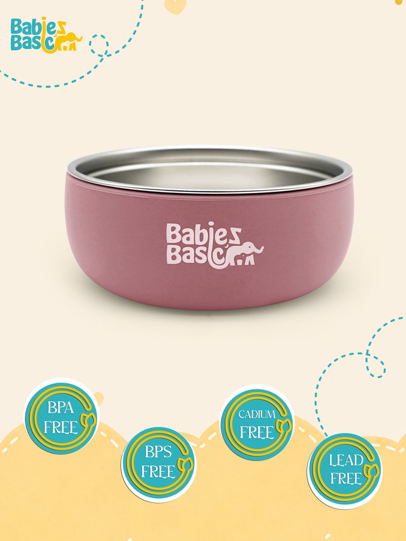 Babies Basic Stainless Steel Bowl with Silicone Sleeve for Kids, Dusty Pink - Image 5