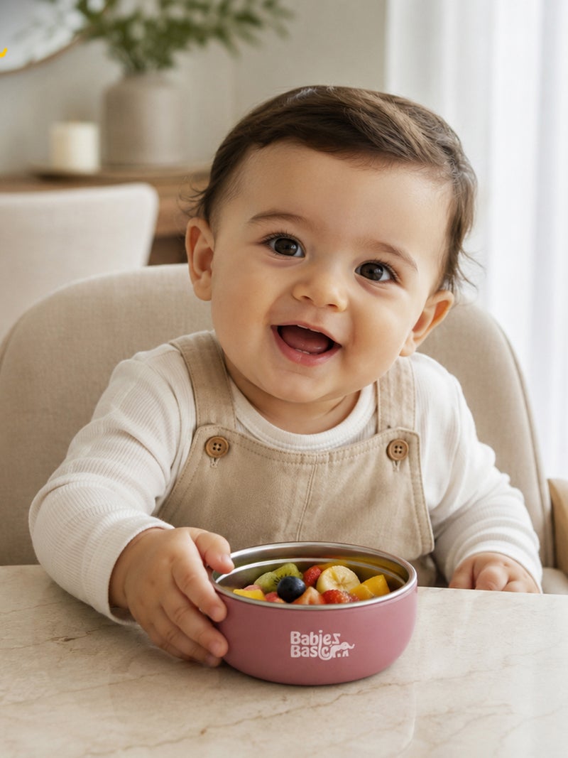 Babies Basic Stainless Steel Bowl with Silicone Sleeve for Kids, Dusty Pink - Image 3