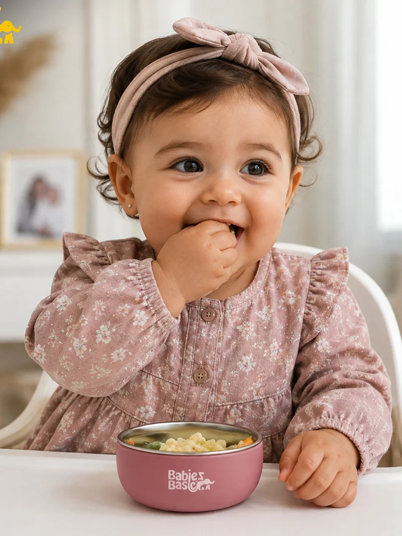 Babies Basic Babies Basic Stainless Steel Bowl with Silicone Sleeve for Kids, Dusty Pink