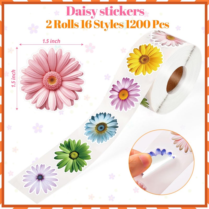 KFPPLXQ 1200 PCS Daisy Stickers Cute Flower Stickers Roll for Kids Sun-Proof Flower Roll Sticker for Scrapbooks, Water Bottle, Present Boxes Decorations (16 Styles) - Image 2