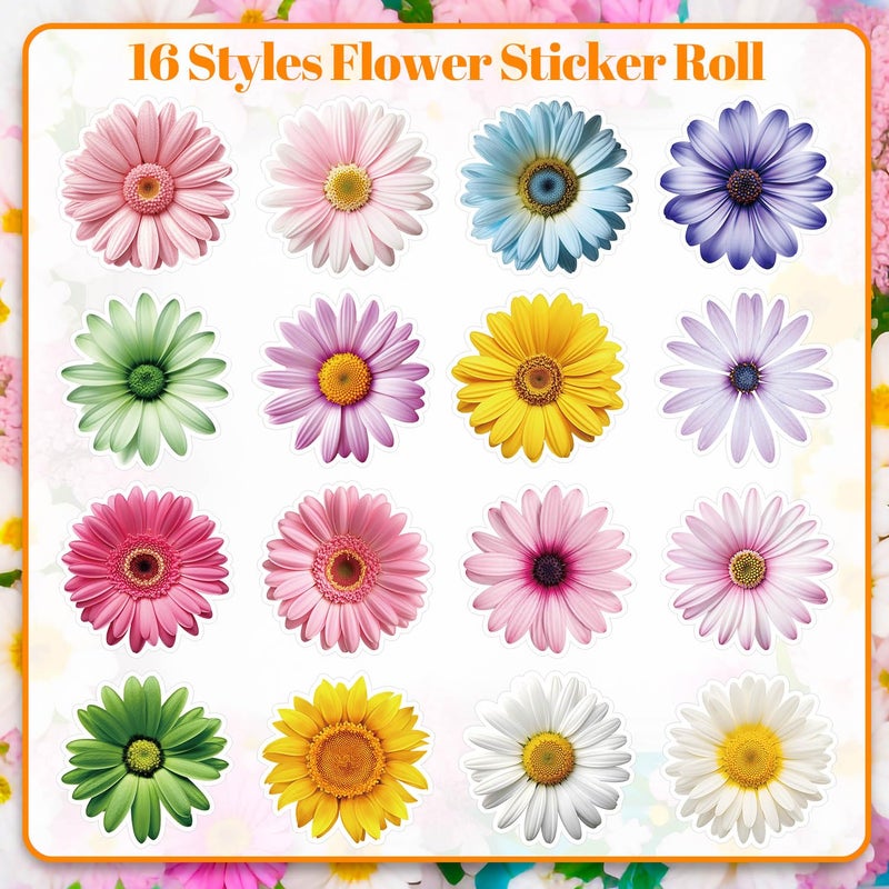 KFPPLXQ 1200 PCS Daisy Stickers Cute Flower Stickers Roll for Kids Sun-Proof Flower Roll Sticker for Scrapbooks, Water Bottle, Present Boxes Decorations (16 Styles) - Image 3