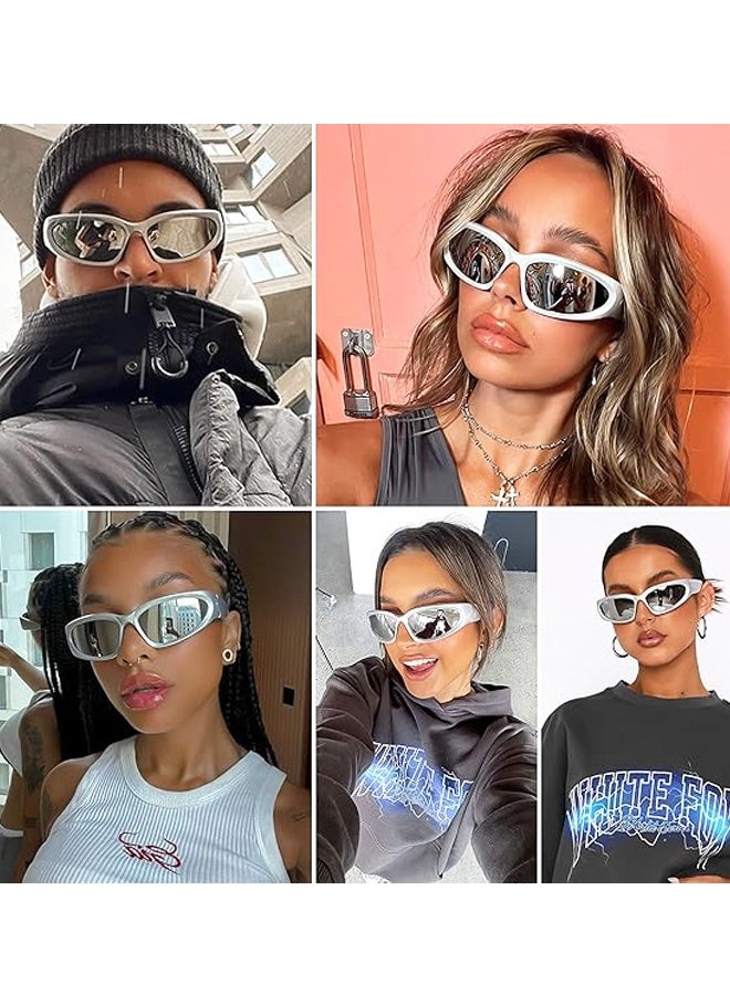 زوجان من النظارات الشمسية Y2K الملفوفة الرياضية البيضاوية المستقبلية للنساء والرجال، نظارات عصرية باللون الفضي - Image 4