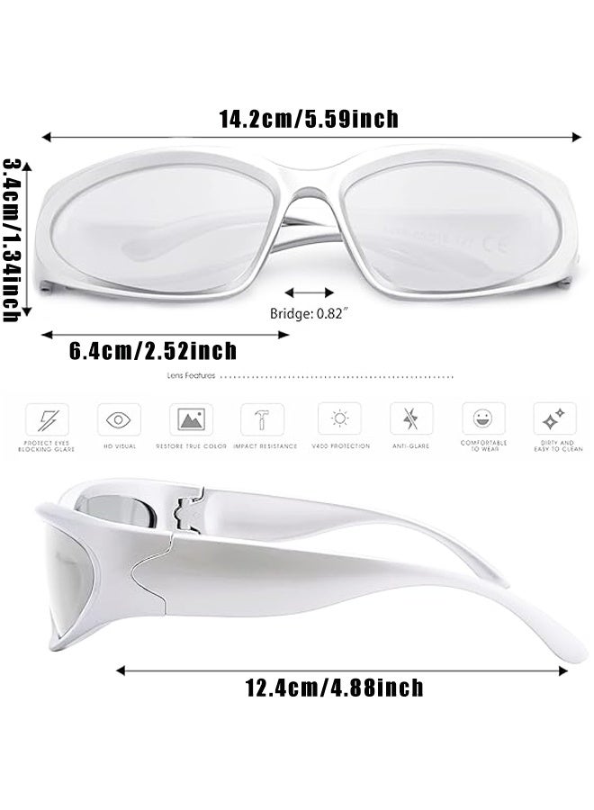 زوجان من النظارات الشمسية Y2K الملفوفة الرياضية البيضاوية المستقبلية للنساء والرجال، نظارات عصرية باللون الفضي - Image 3