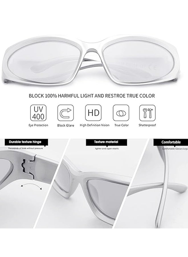 زوجان من النظارات الشمسية Y2K الملفوفة الرياضية البيضاوية المستقبلية للنساء والرجال، نظارات عصرية باللون الفضي - Image 2