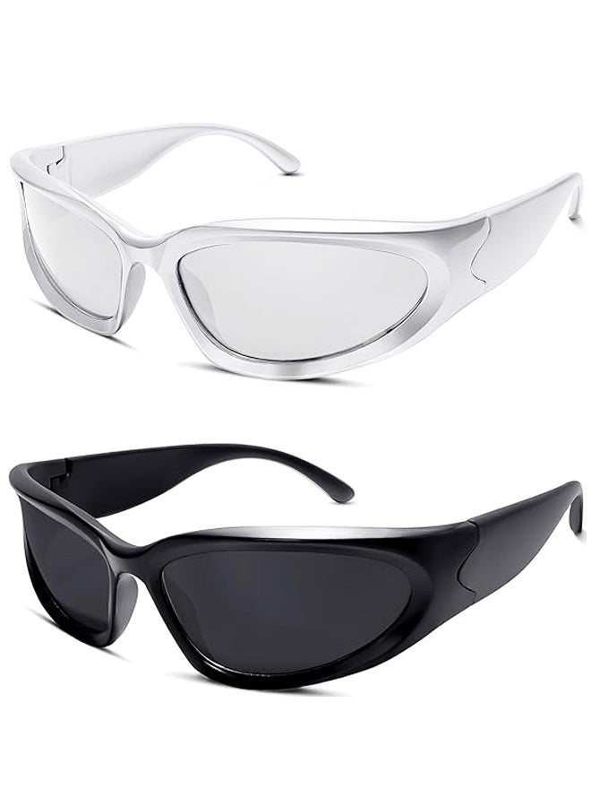 زوجان من النظارات الشمسية Y2K الملفوفة الرياضية البيضاوية المستقبلية للنساء والرجال، نظارات عصرية باللون الفضي - Image 1