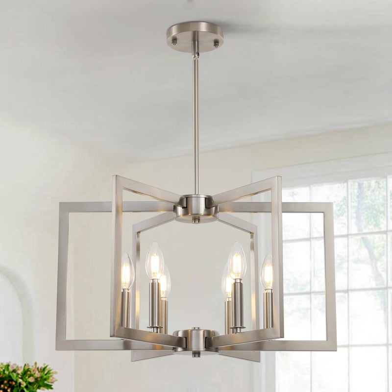 Sigaitwei 6-Light Modern Metal Geometric Chandelierï¼ŒKitchen Island Brushed Nickel Lighting Fixturesï¼ŒEntryway Light Fixture Hanging Brushed Nickelï¼ŒFarmhouse for Dining Room Chandelier - Image 1
