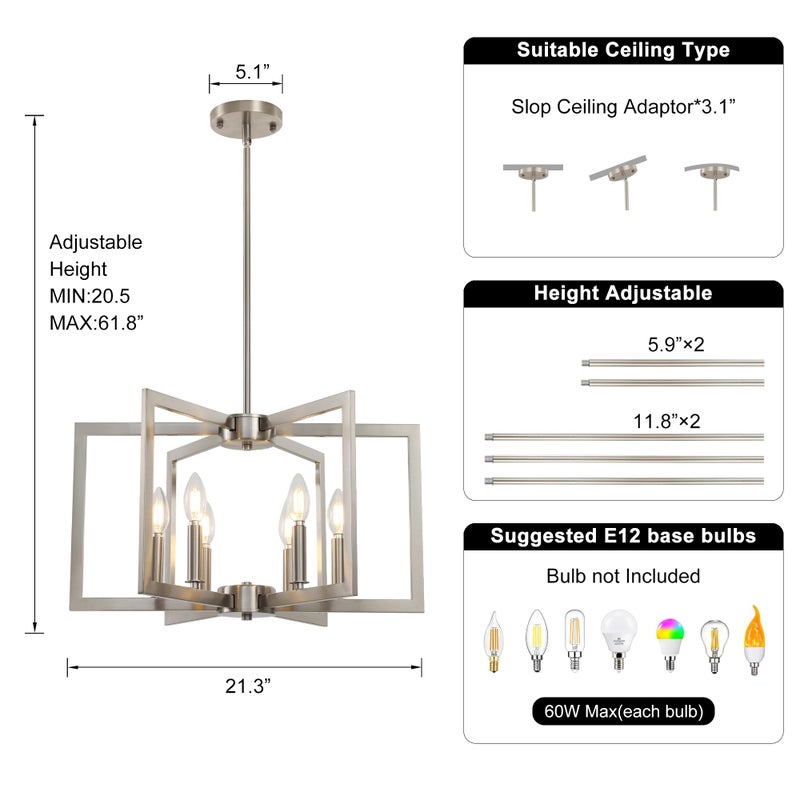 Sigaitwei 6-Light Modern Metal Geometric Chandelierï¼ŒKitchen Island Brushed Nickel Lighting Fixturesï¼ŒEntryway Light Fixture Hanging Brushed Nickelï¼ŒFarmhouse for Dining Room Chandelier - Image 4