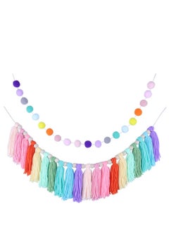 Y&D Boho Tassel Garland, 2 Pcs Colorful Pom Garlands, Wall Hanging Decor Cotton Rainbow Banner Decorative, for Home Party, Girls Bedroom, Nursery Room, Classroom  - Image 1
