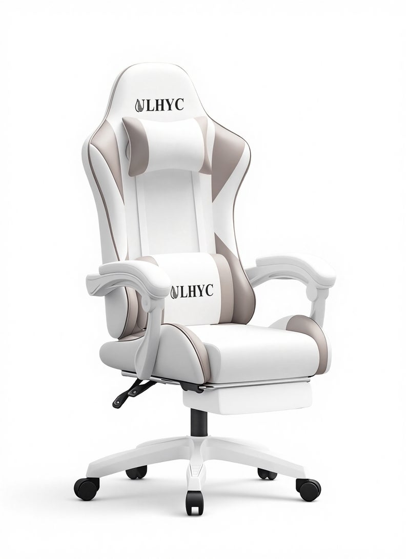 يو إل اتش واي سي كرسي ألعاب، كرسي كمبيوتر قابل للتعديل، كرسي كمبيوتر مكتبي، جلد صناعي، مسند ظهر مرتفع، دعم للفقرات القطنية، مساند ذراع مريحة، مسند رأس مع مسند للقدمين، دوران 360 درجة، أبيض ورمادي. - Image 1