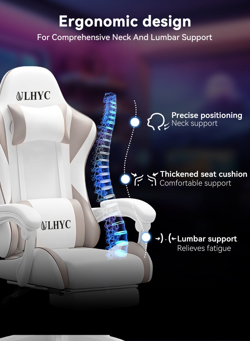 يو إل اتش واي سي كرسي ألعاب، كرسي كمبيوتر قابل للتعديل، كرسي كمبيوتر مكتبي، جلد صناعي، مسند ظهر مرتفع، دعم للفقرات القطنية، مساند ذراع مريحة، مسند رأس مع مسند للقدمين، دوران 360 درجة، أبيض ورمادي. - Image 2