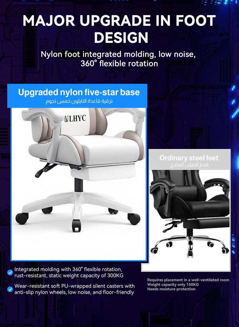 يو إل اتش واي سي كرسي ألعاب، كرسي كمبيوتر قابل للتعديل، كرسي كمبيوتر مكتبي، جلد صناعي، مسند ظهر مرتفع، دعم للفقرات القطنية، مساند ذراع مريحة، مسند رأس مع مسند للقدمين، دوران 360 درجة، أبيض ورمادي. - Image 5